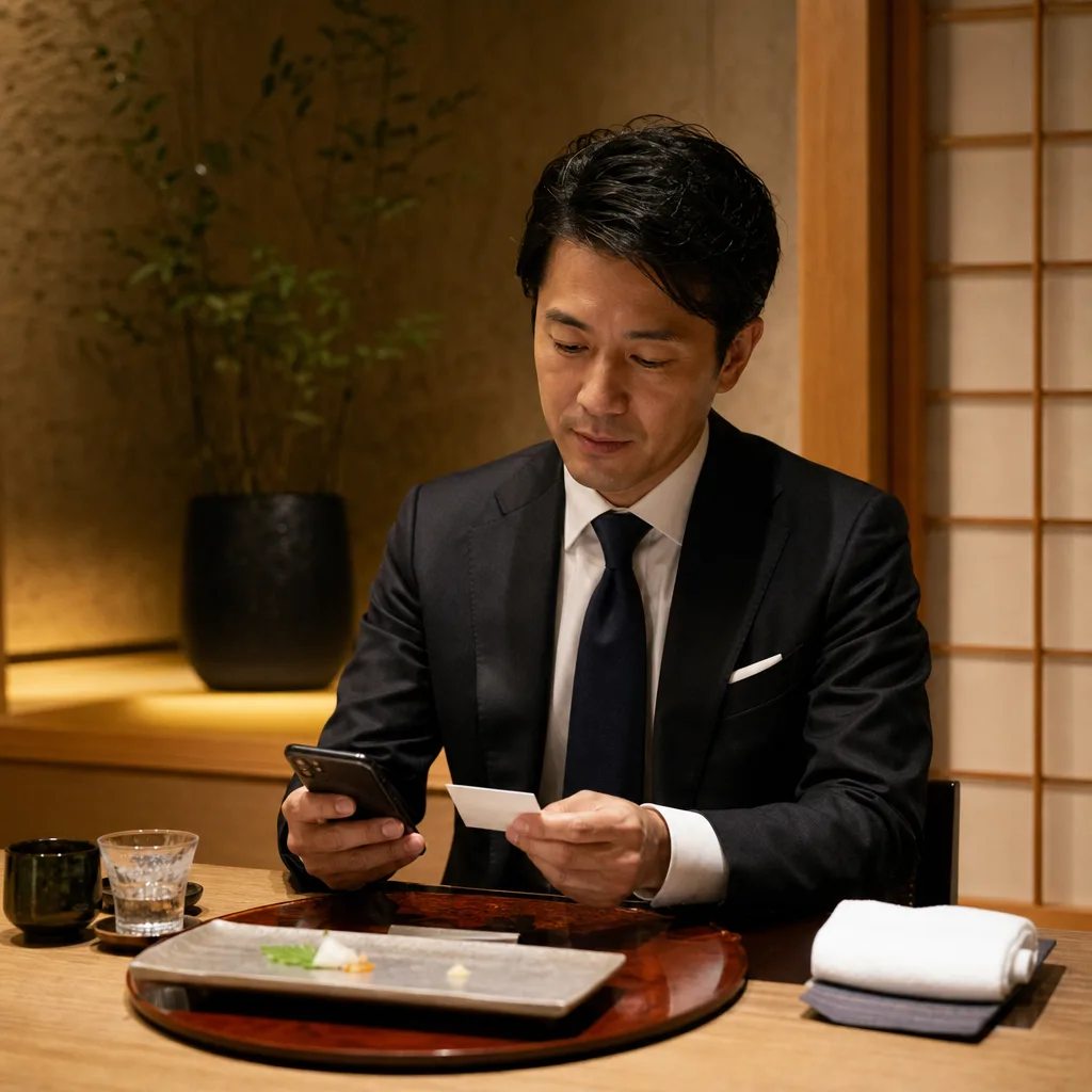 会食後の上品な個室レストランで次のフォローを考えるビジネスパーソン